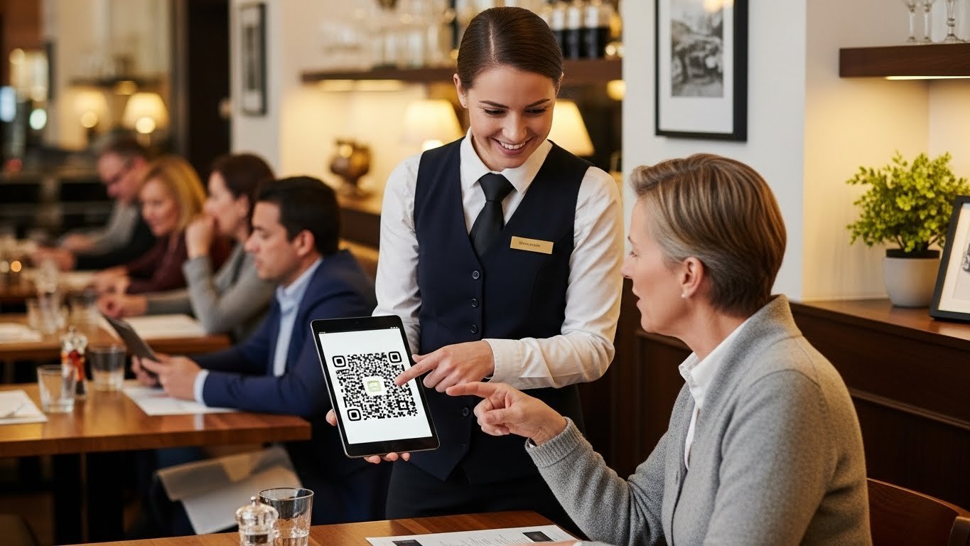 Modern bir restoranda masadaki QR kod ve müşterinin akıllı telefonu ile dijital menüye erişimi gösteren yakın çekim.