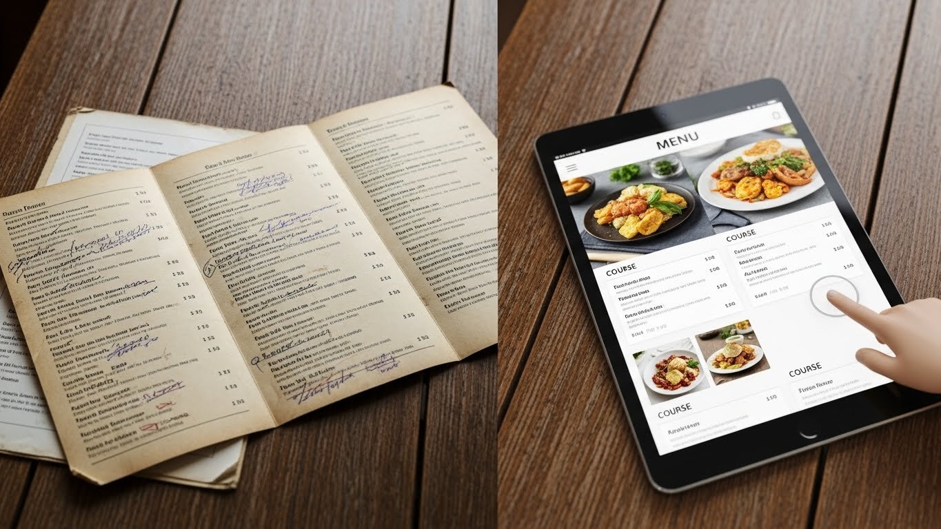 QR kodun bulunduğu bir masa ve arka planda kafe atmosferi