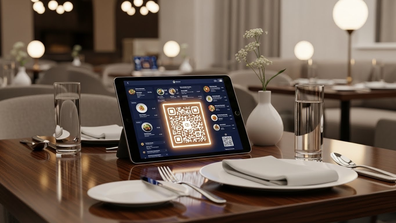 QR menü kullanan modern bir restoran masası