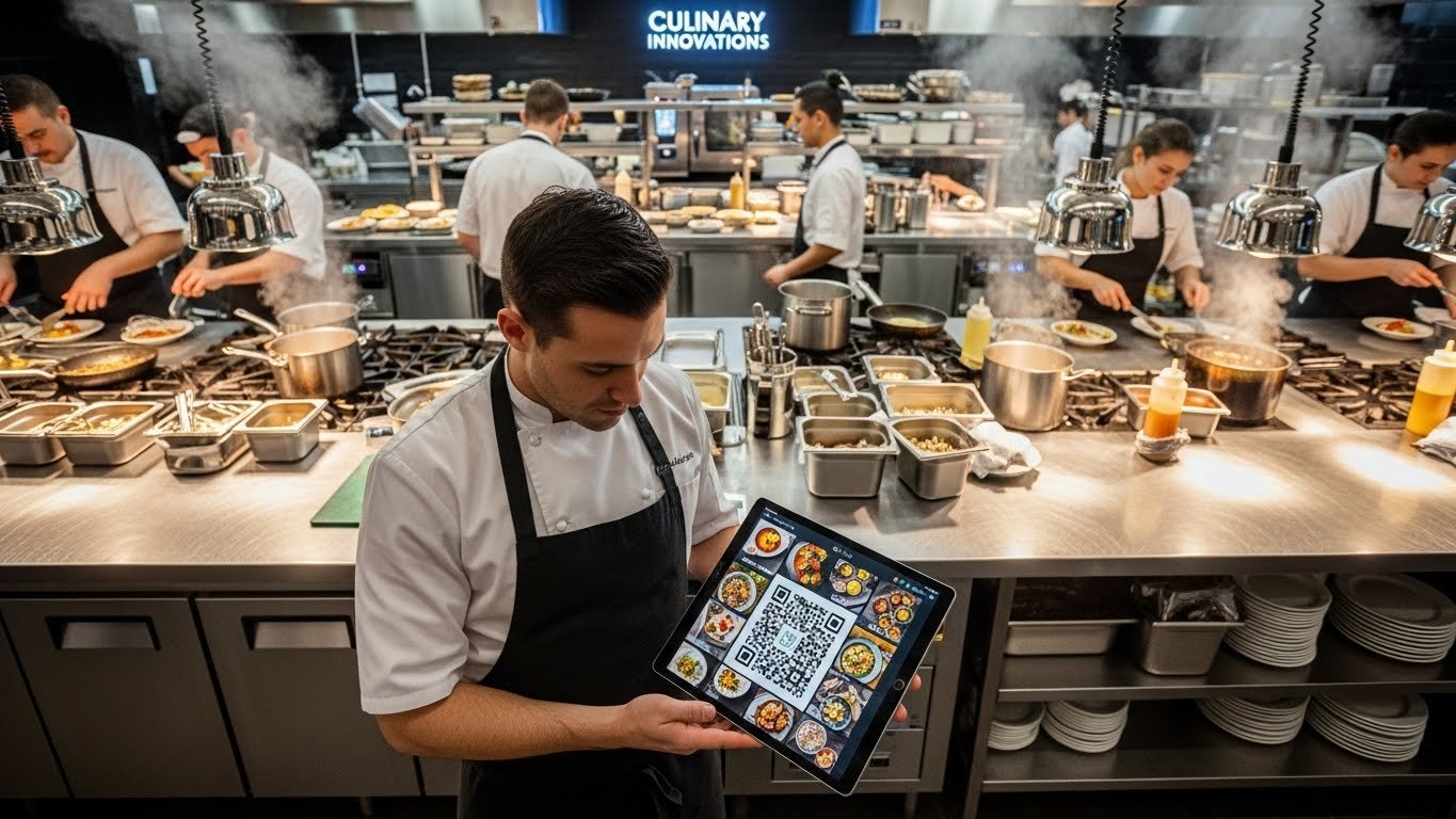 Modern bir kafede QR menü tarayan eller