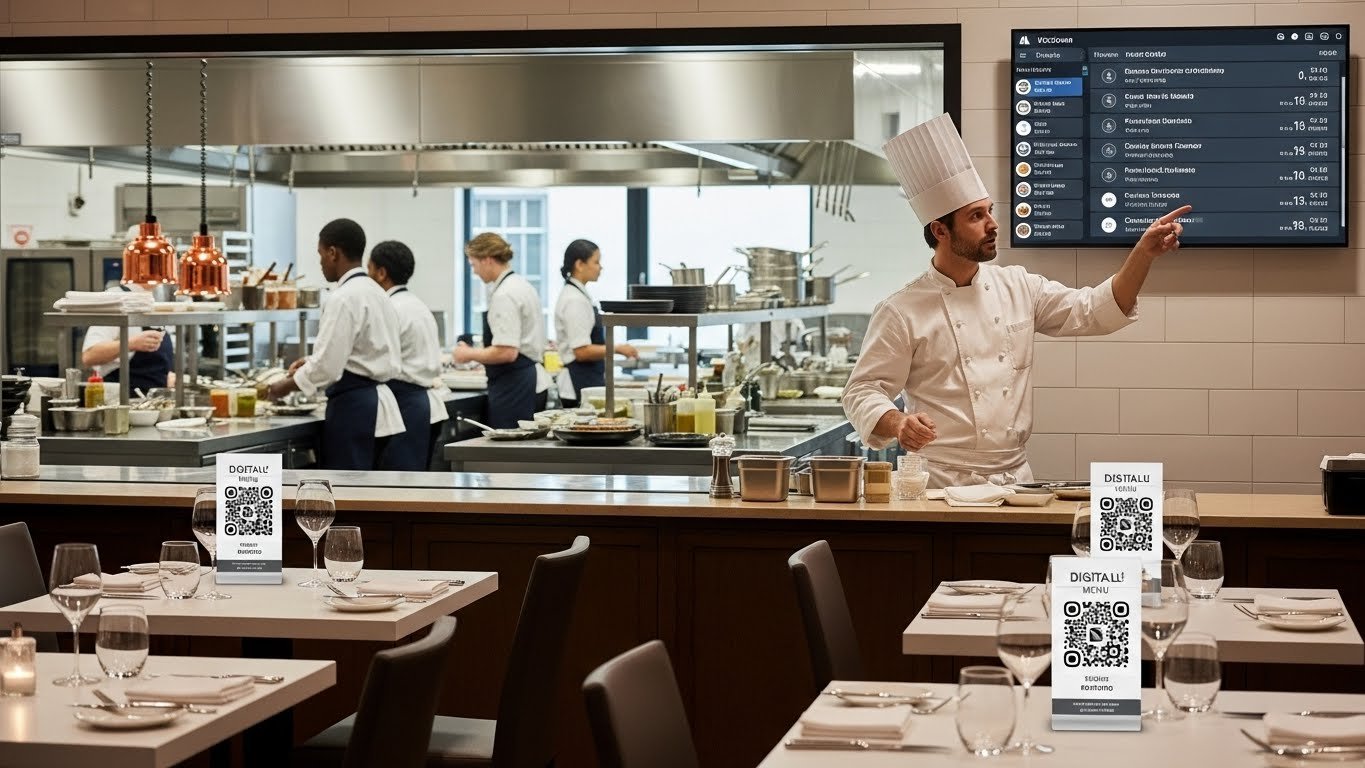 Mutlu müşterilerin QR kod okutarak menüye baktığı kafe ortamı