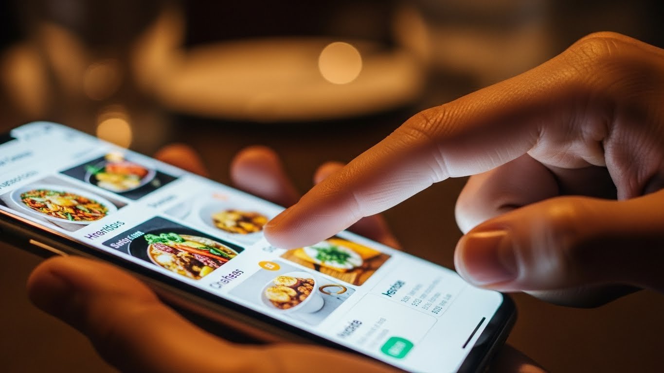 Restoranda telefonundan QR menüye bakan müşteriler, hızlı sipariş deneyimi