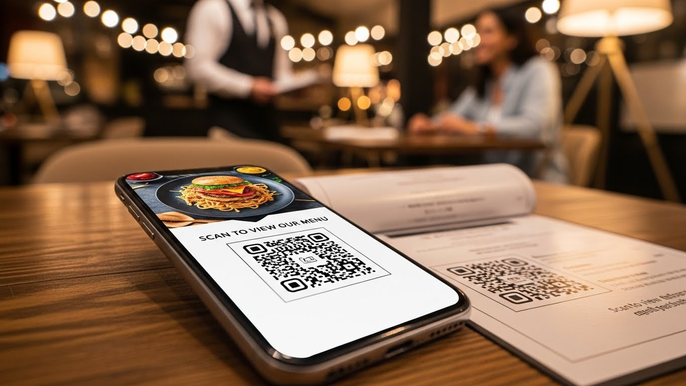 QR kodlu dijital menü kullanan bir restoran masası ve mutlu müşteriler
