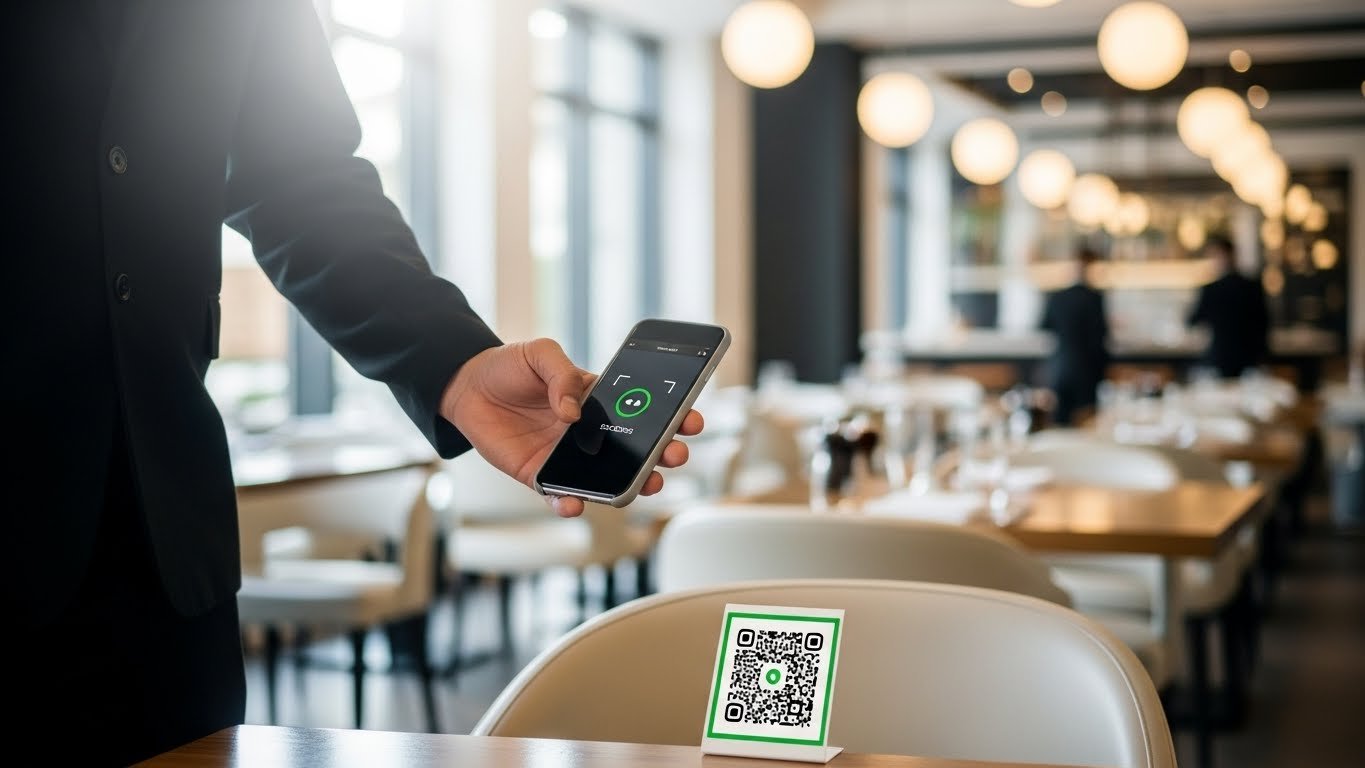 Restoran masasında QR menü kullanan müşteri, modern ve hijyenik servis anlayışı