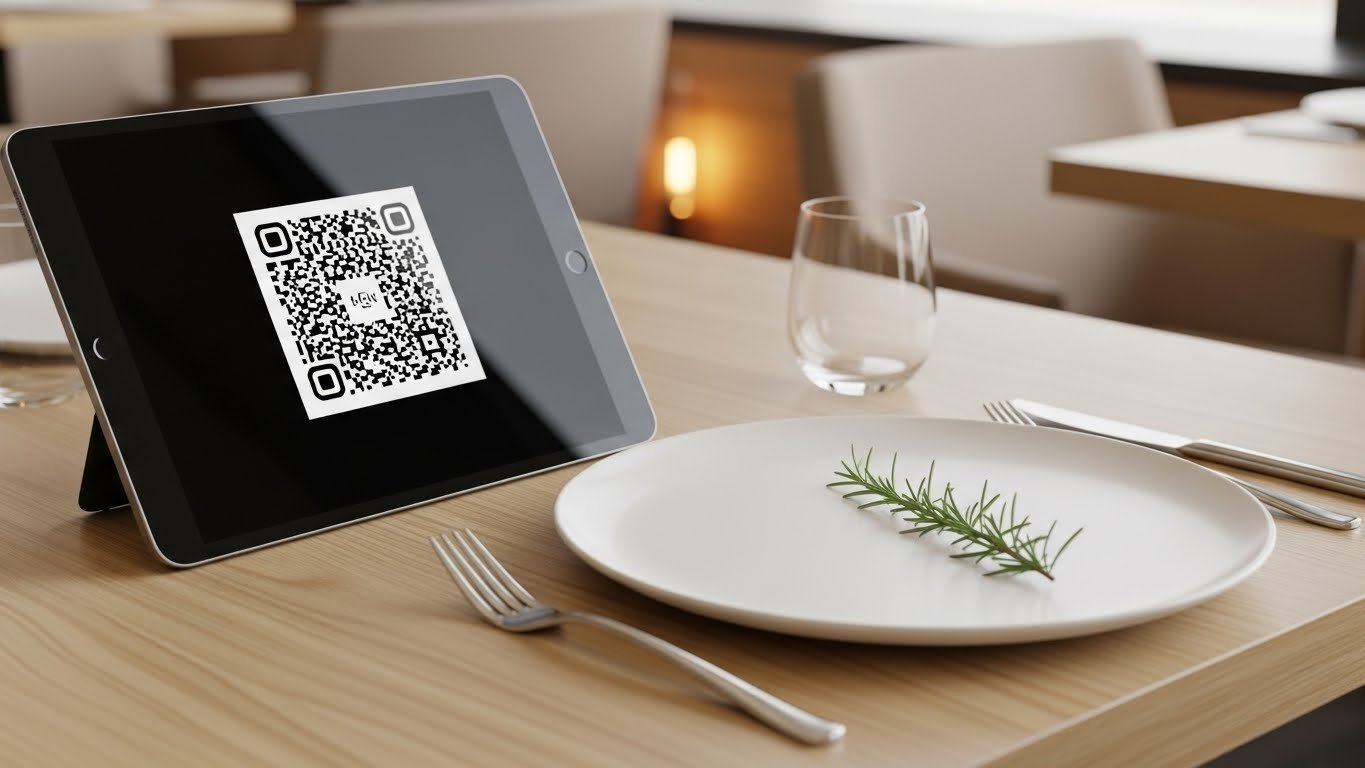 Modern kafe ortamında tablet üzerinden QR menü yönetimi, dijitalleşmenin kolaylığını vurguluyor