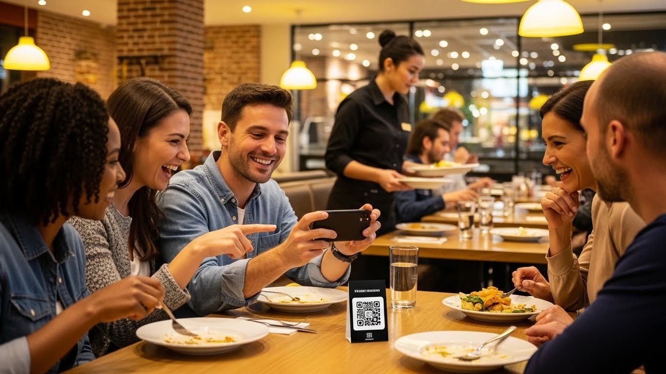 Restoranın dışından QR menü tabelası, yeni nesil ve temassız sipariş deneyimini gösteriyor