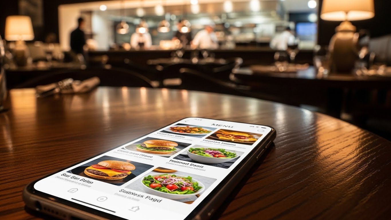 Bir müşteri QR kodu tarayarak dijital menüyü görüntülüyor