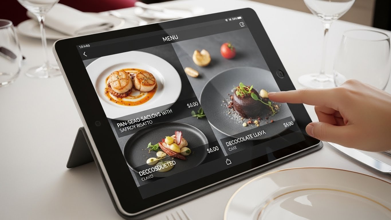 Şık bir restoranda masa üzerinde QR menü standı