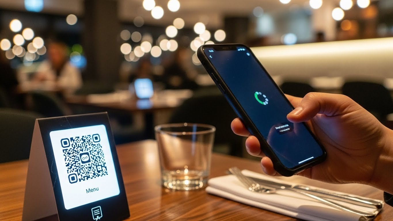 Restoran masasında QR menü okutan müşteri