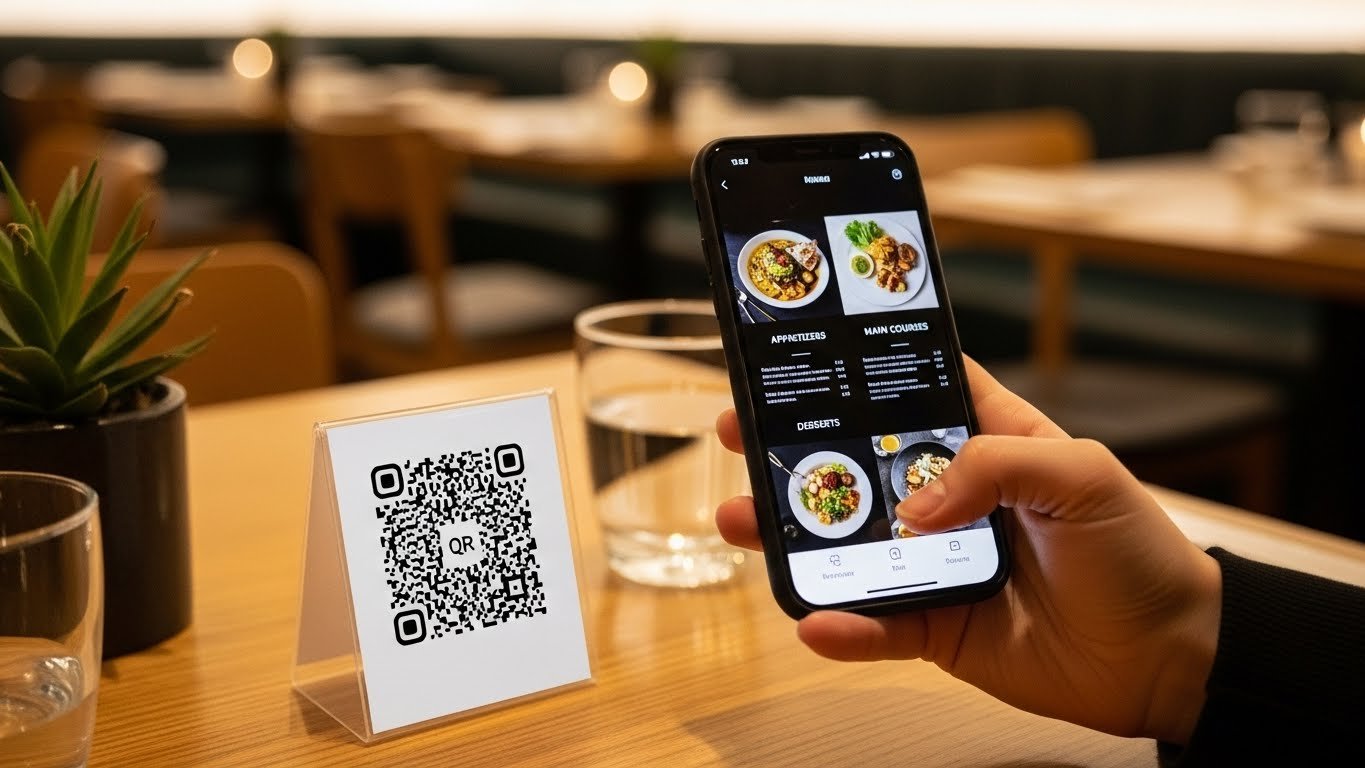 Restoran masasında bir cep telefonu ile QR menü tarayan müşteri