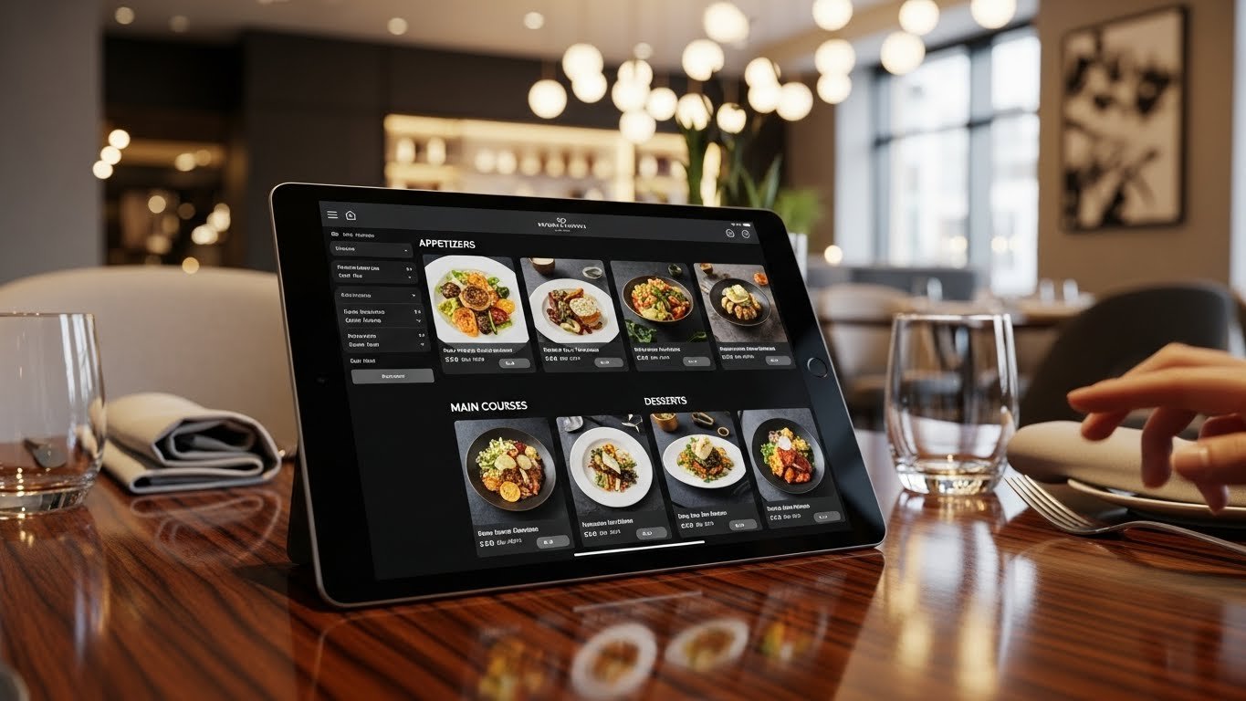 QR menü arayüzü gösteren bir tablet ve kahve kupası