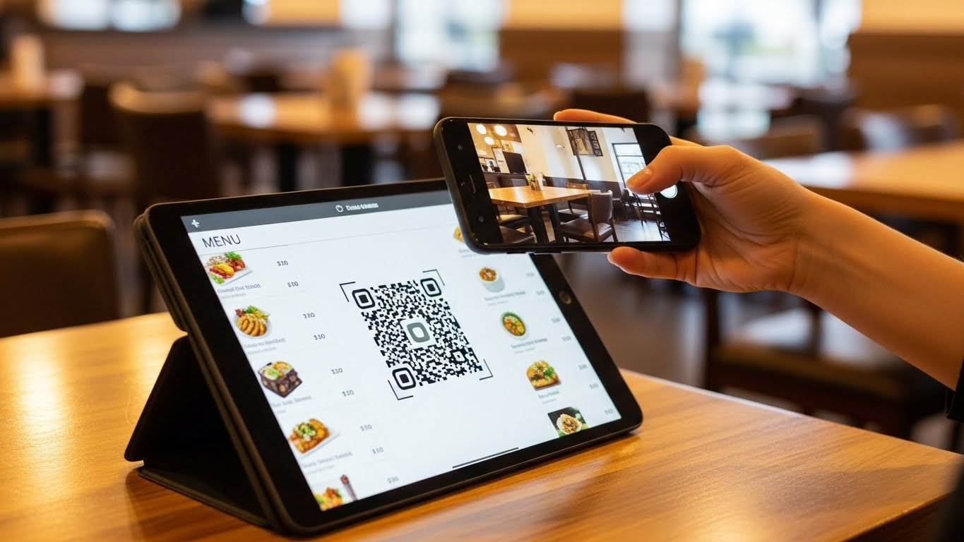 Modern bir restoranda QR menü kullanan müşteriler
