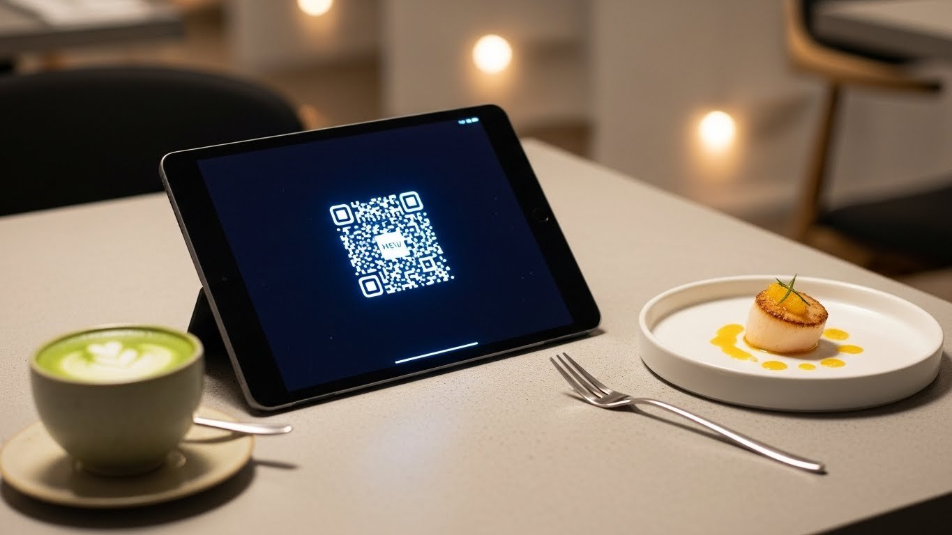 Restoran masasında duran Qrtable.co QR kod menüsü kartı.