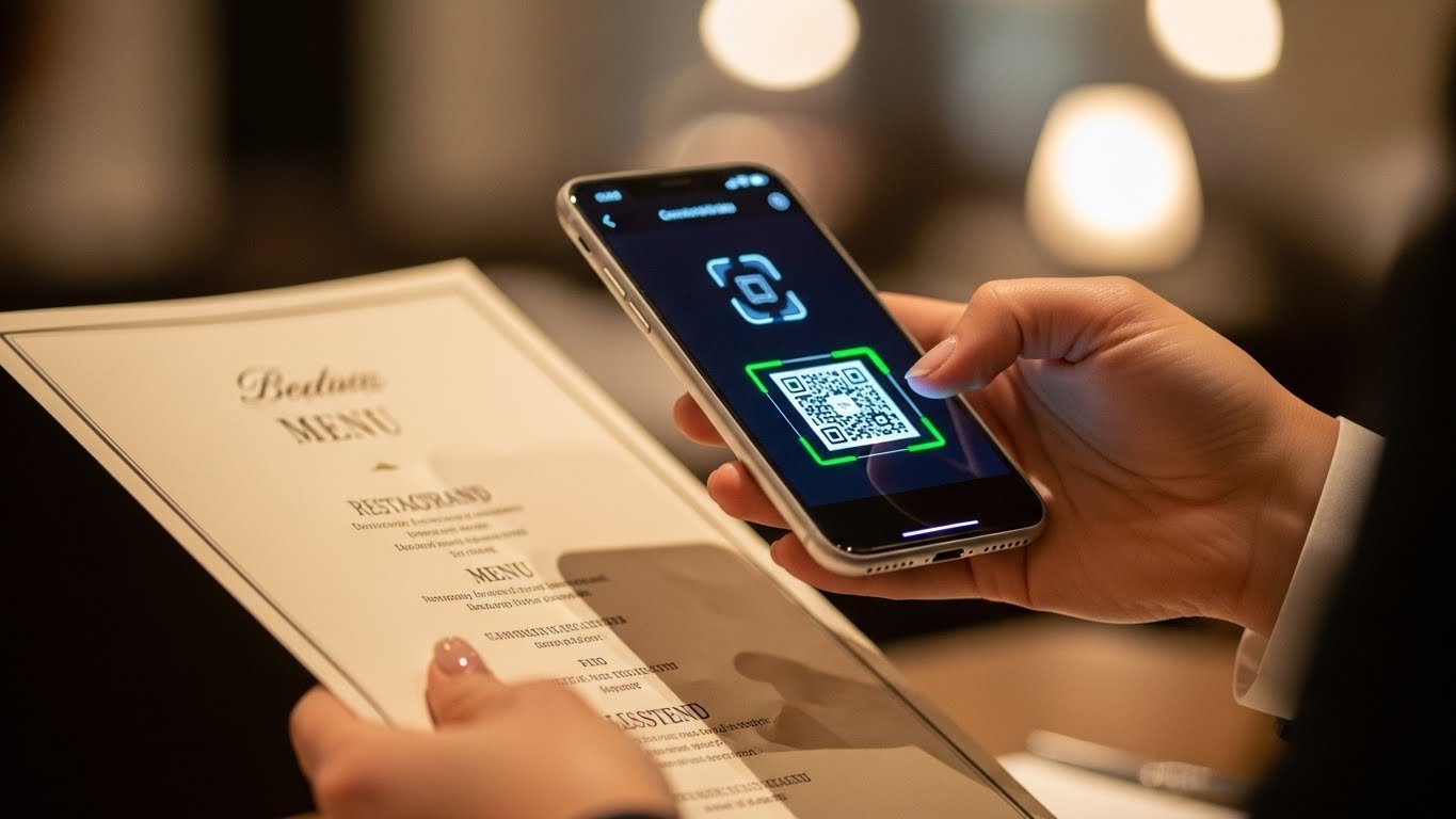 QR kodlu menüyü telefonundan tarayarak sipariş veren genç bir kadın.