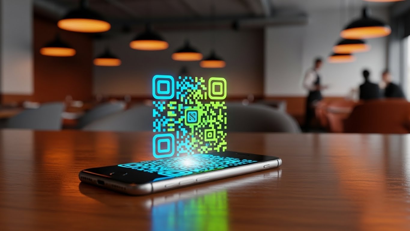 QR Menü ile çalışan bir restoran masası ve telefon üzerinden menüye bakan müşteriler.