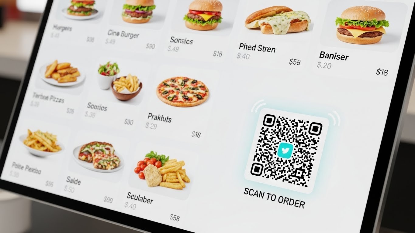 Bir QR kodunun üzerinde akıllı telefon kullanan el, restoran masasında