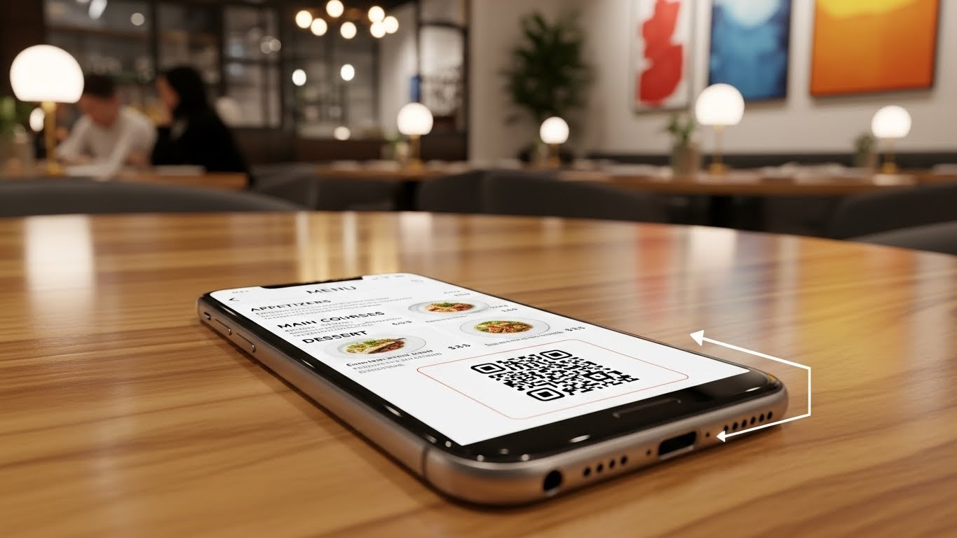 Restoran masasında akıllı telefonla QR menü tarayan bir müşteri, modern ve hijyenik menü erişimini vurguluyor
