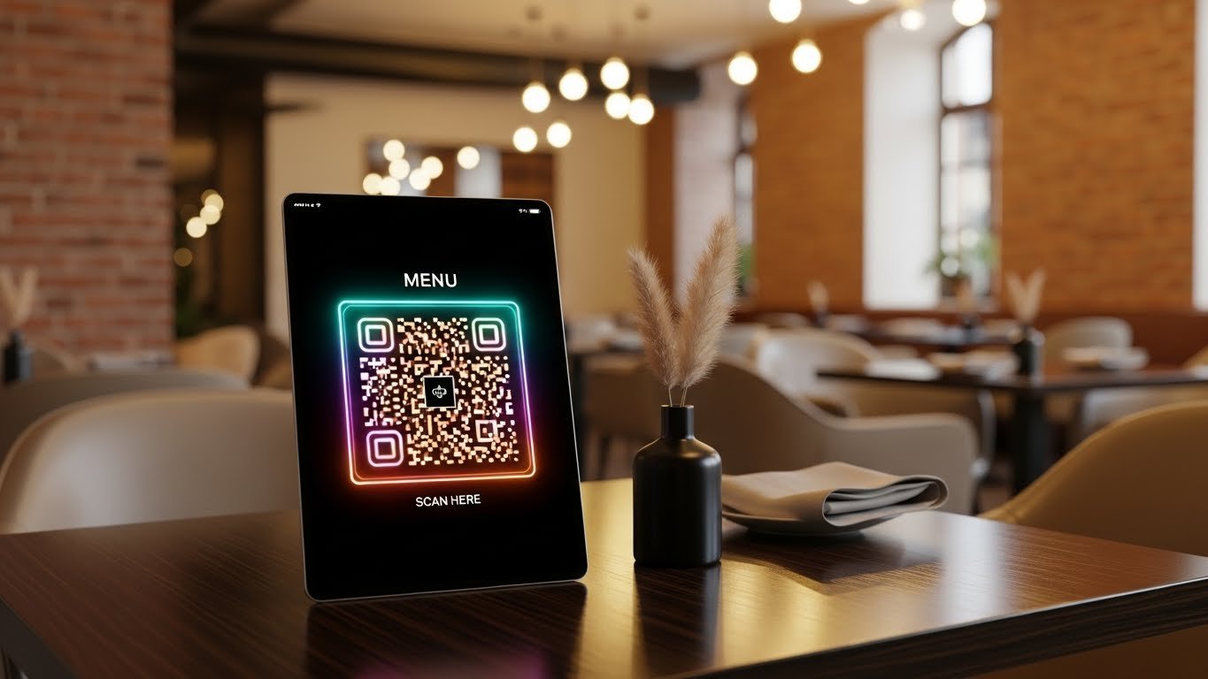 Qrtable.co ile dijital menü oluşturma, modern bir tablet üzerinde QR menü görüntüsü