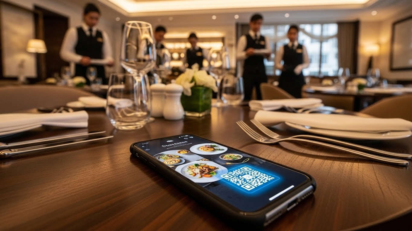 Restoran masasında QR kod ile menüye bakan müşteri