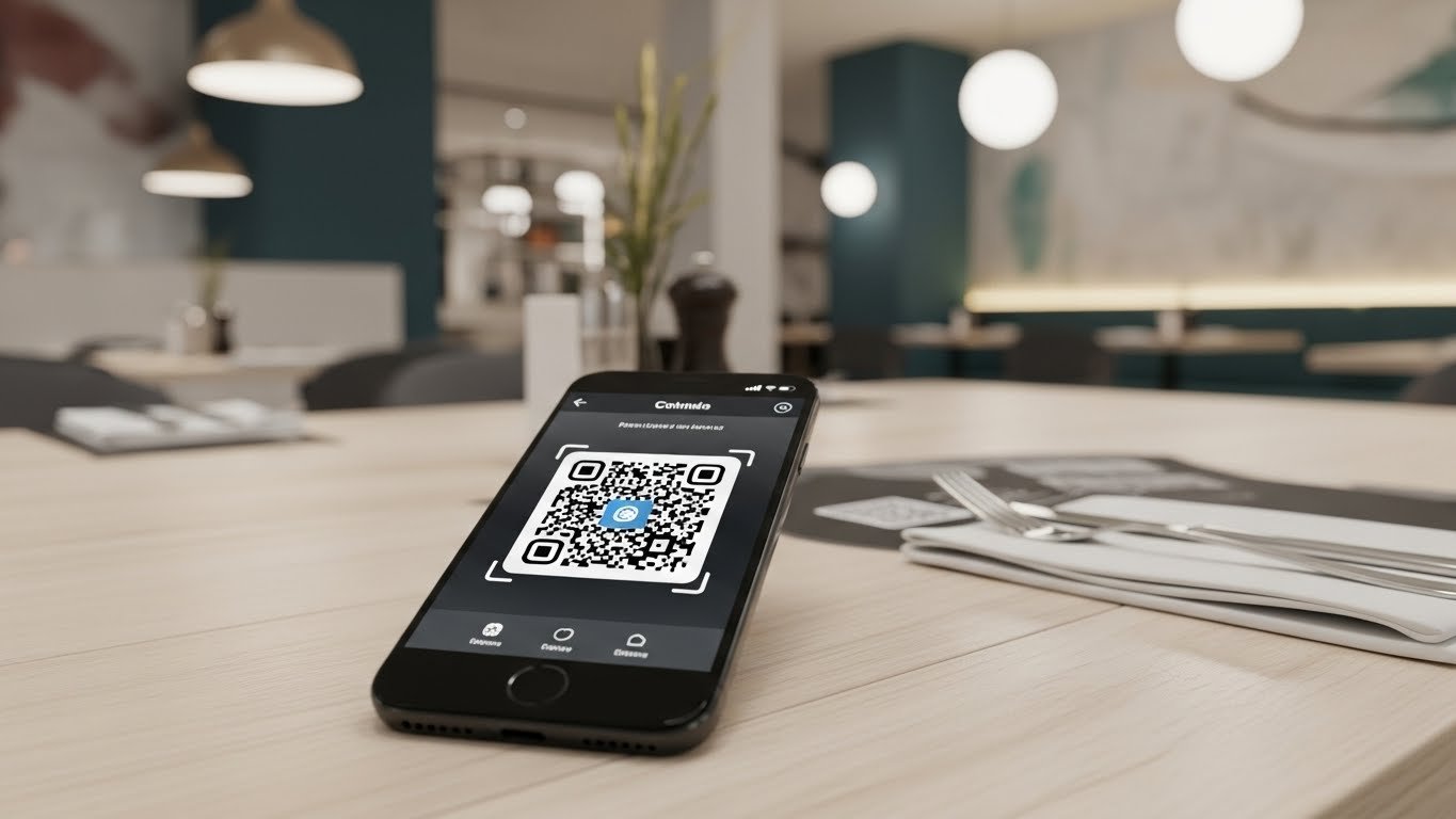 Restoran masasında dijital QR menü kullanan müşteriler
