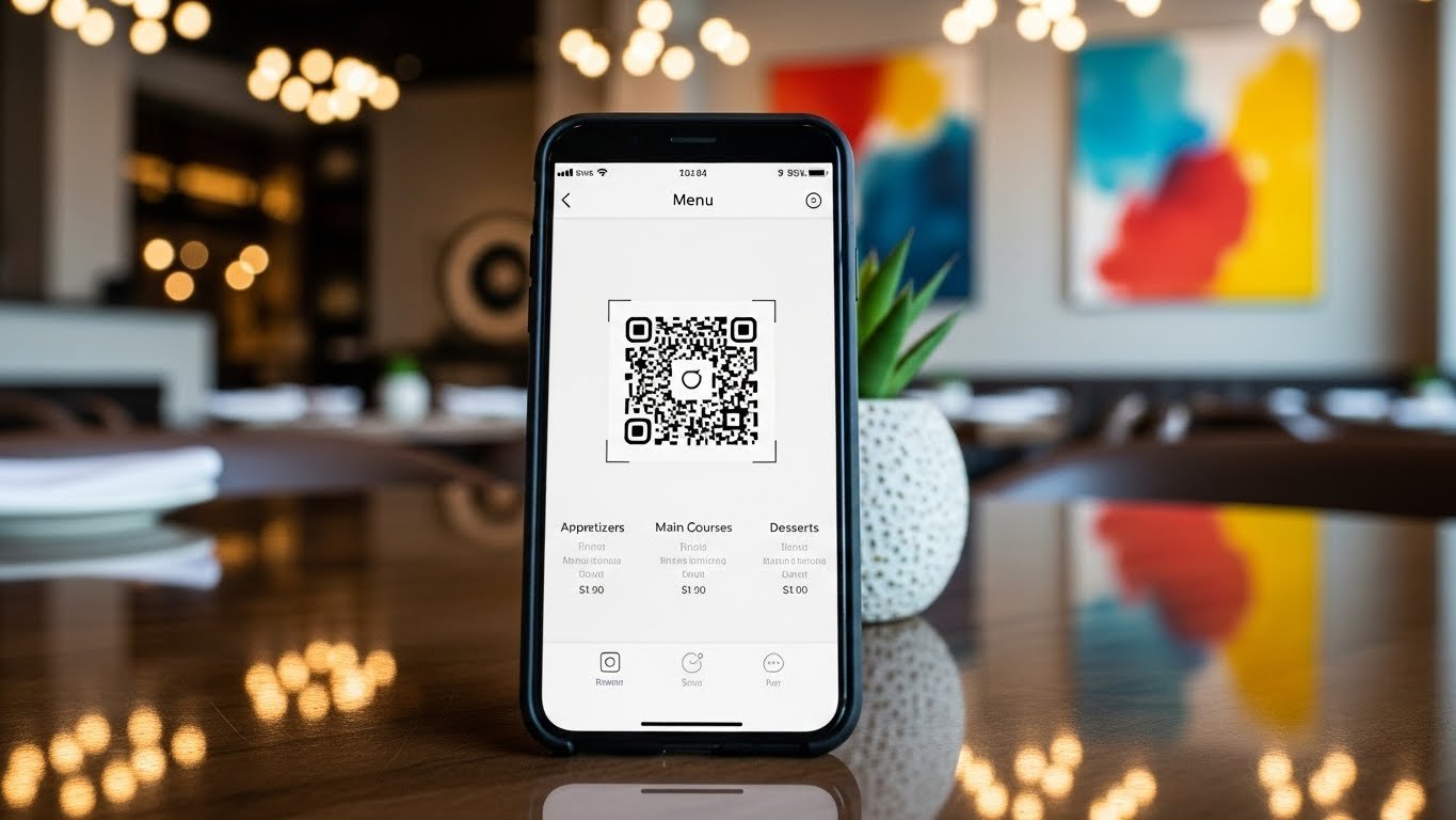 Restoran masasında QR menü kullanan müşteri