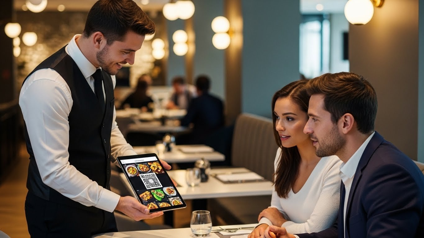 Dijital menünün tablet üzerinde gösterimi ile yiyeceklerin iştah açıcı görselleri.