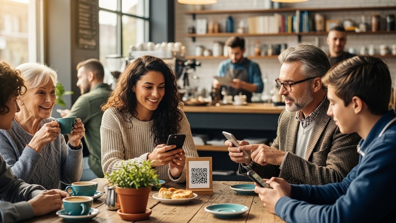 Modern bir kafede şık bir şekilde tasarlanmış QR kod ve dijital menü arayüzü.
