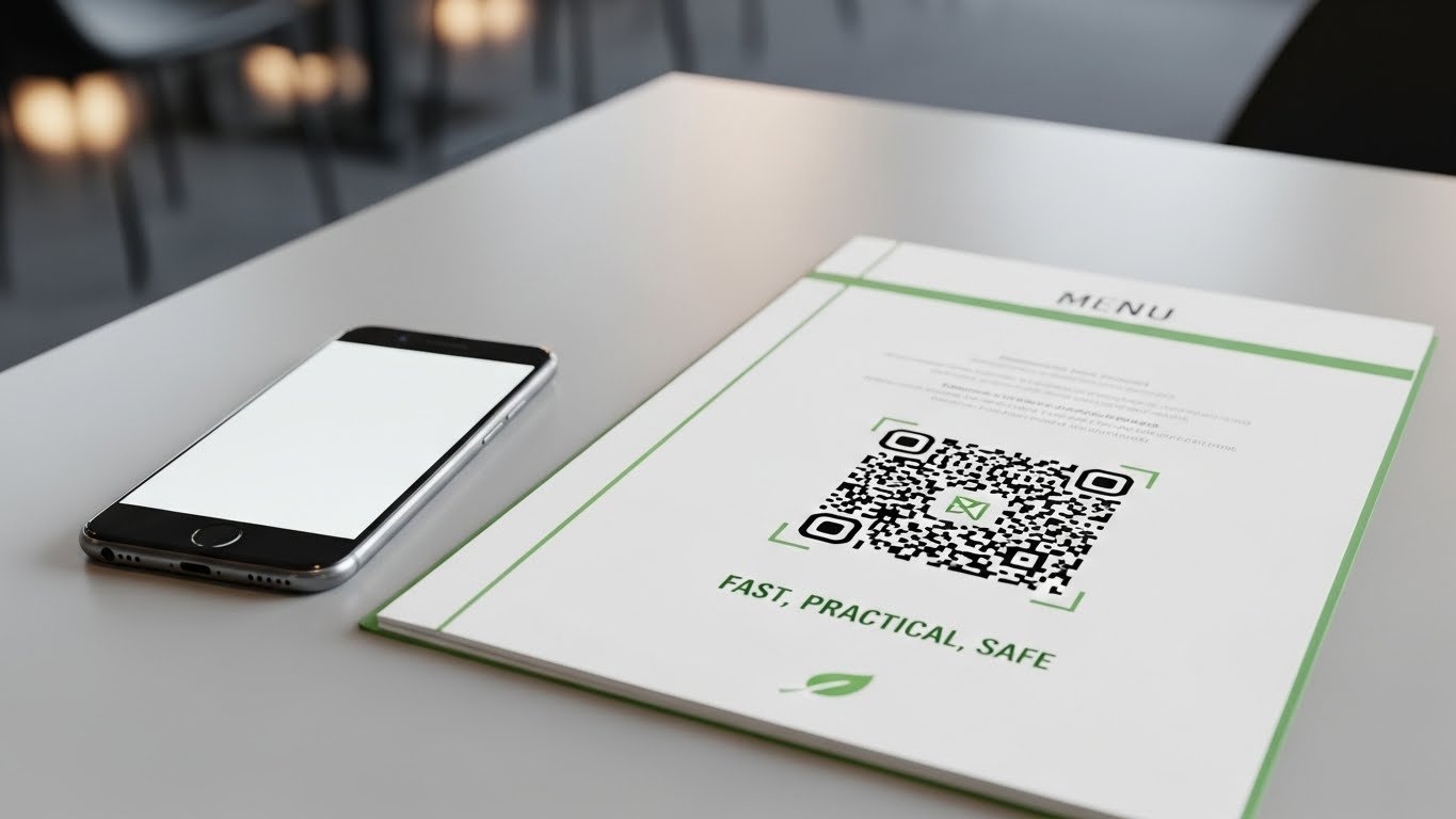 Müşterilerin akıllı telefonlarıyla QR menüyü taradığı bir restoran masası görünümü.